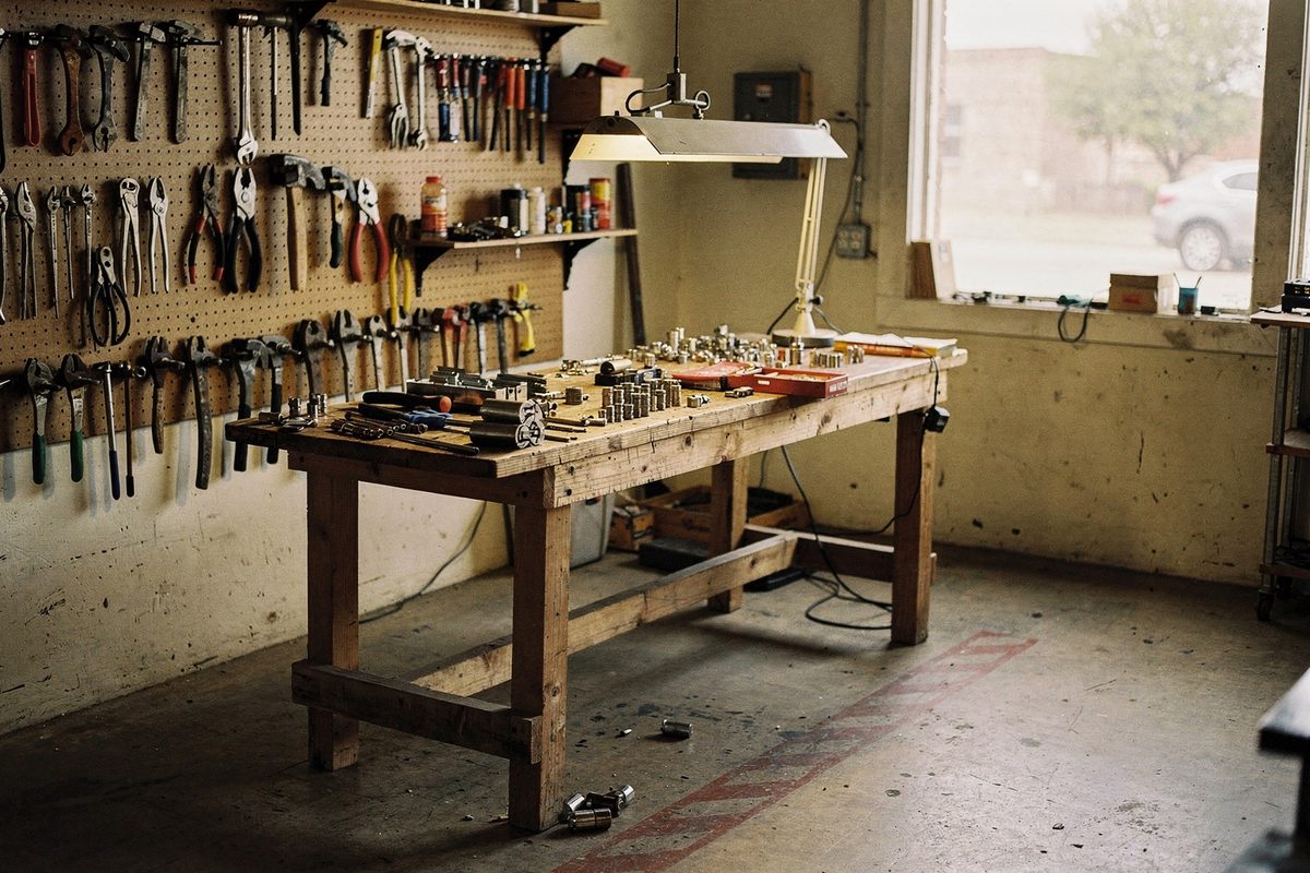 Wide interior view of the workshop with concrete floor and a tool pegboard wall