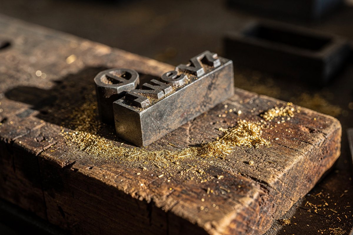 A steel stamp punch tool resting on a scarred workbench block