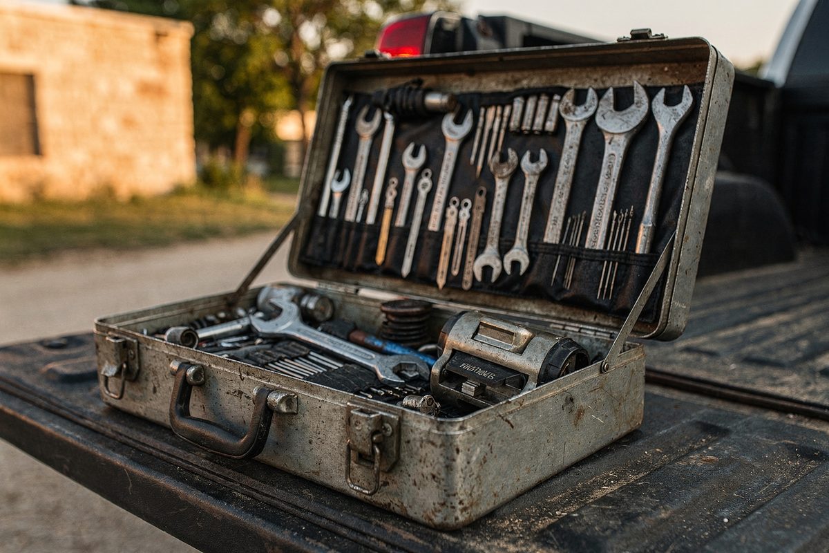A packed steel toolbox ready for a house call, latch open on a doorstep