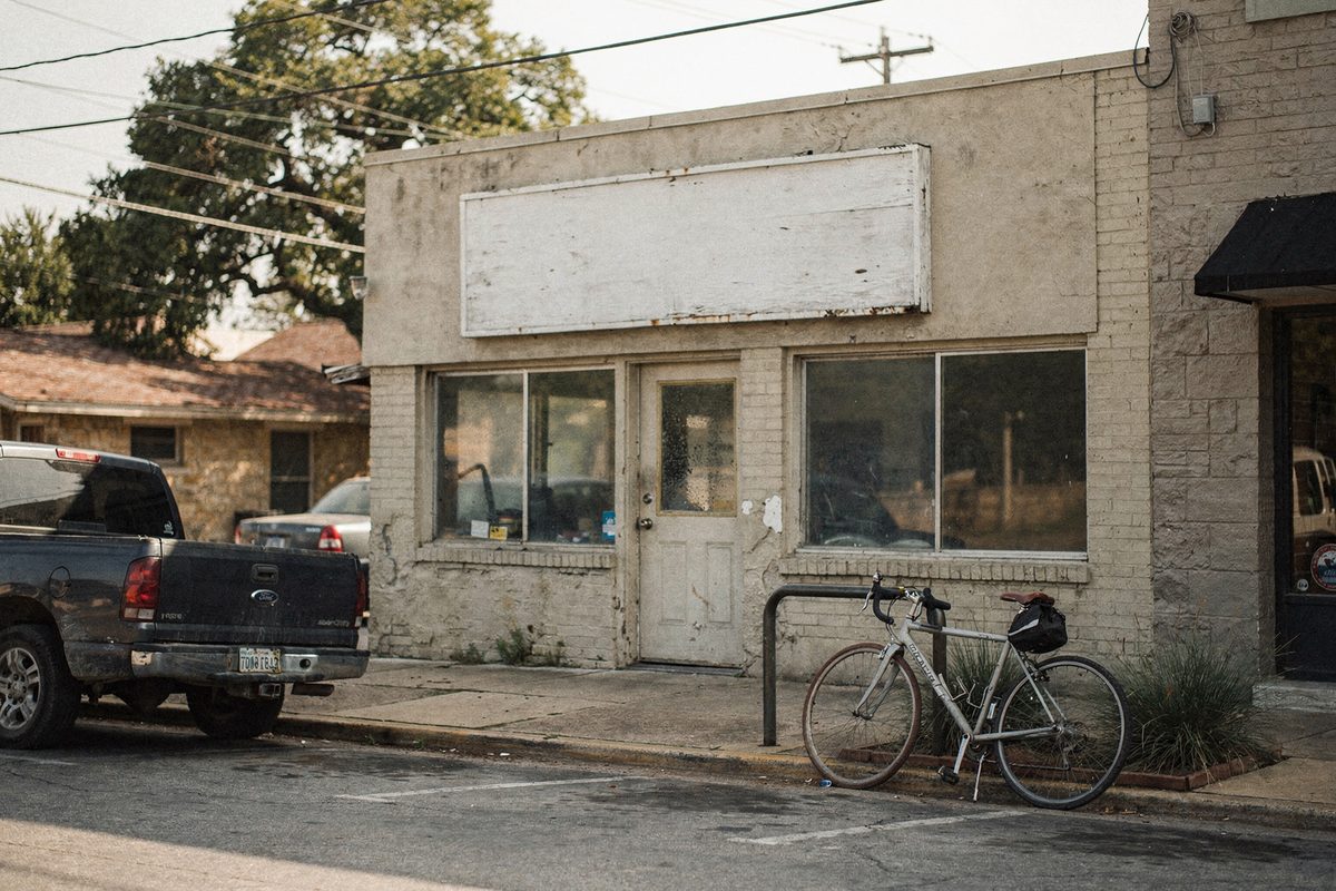 The workshop's storefront exterior on a quiet Austin street